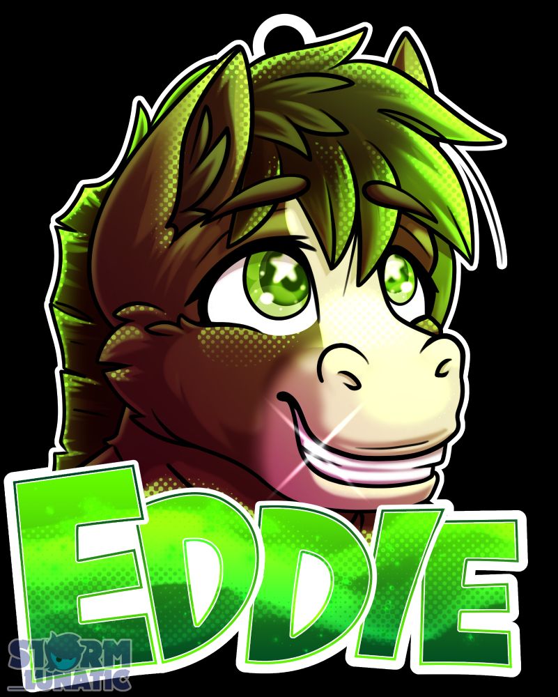 A convention badge featuring Eddie, a brown clydesdale horse with a beige muzzle and green highlights in his mane. Hes grinning happily and gazing up at the stars.