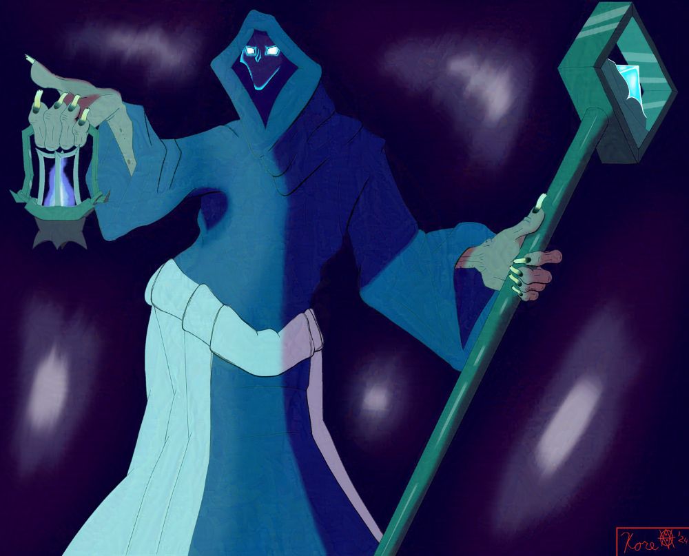 A tall robed humanoid with a blue-flamed lantern