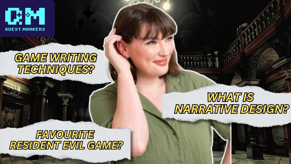 Photo of games writer and narrative designer Anna Webster with text overlayed on top, from top to bottom: (1) "QM Quest Markers" (logo), (2) "Game writing techniques?", (3) "What is narrative design?", (4) "Favourite Resident Evil game?"