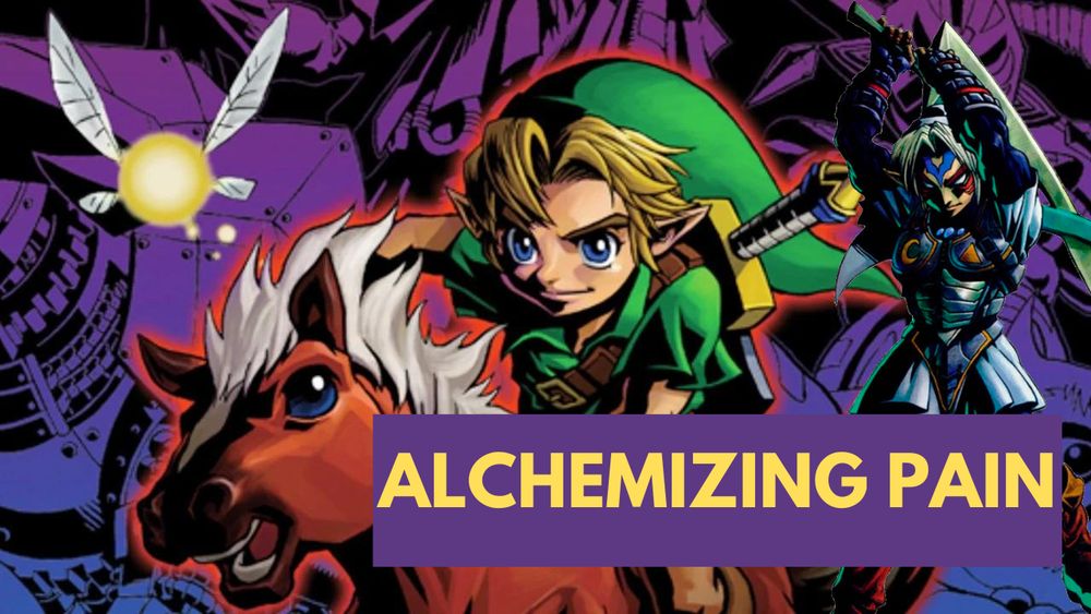 Majora's Mask key art with the text "alchemizing pain" on top