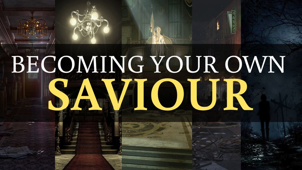 Environments from Resident Evil 0 - 5 Remake, with the text "Becoming your own saviour" overlayed on top