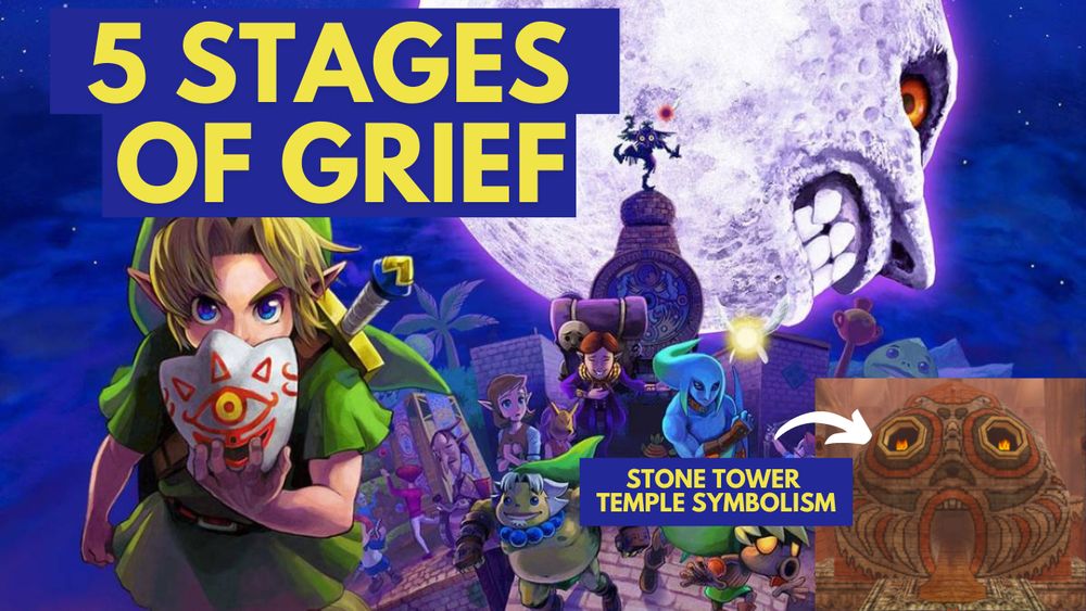 Majora's Mask key art with "5 stages of grief" written on top, & an image of Stone Tower Temple with "Stone Tower Temple symbolism" text pointing to it