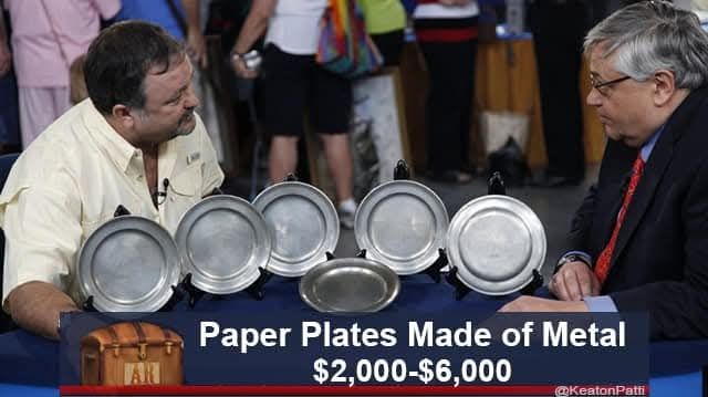 A bunch of metal plates or chargers. Caption: paper plates made of metal $2,000-$6,000
