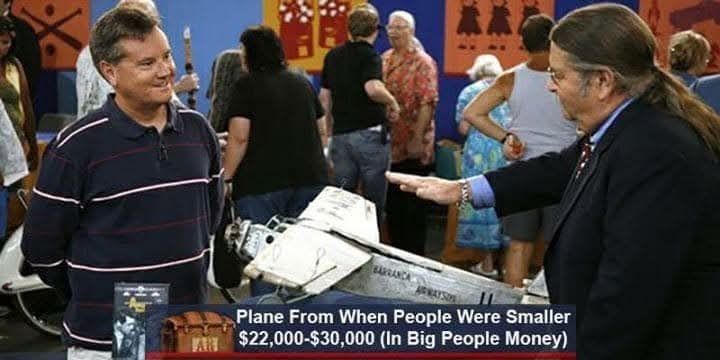 Model plane. Caption: plane from when people were smaller $22,000-$30,000 (in big people money)