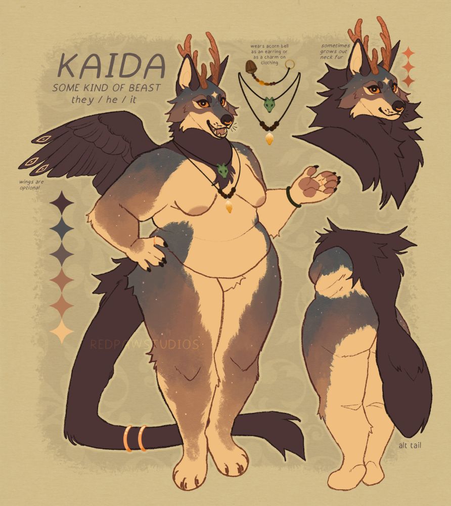 A simple ref sheet depicting some kind of beast that’s a hybrid of a wolf, fox, deer, dragon, and crow. This image is of their alternate color palette.