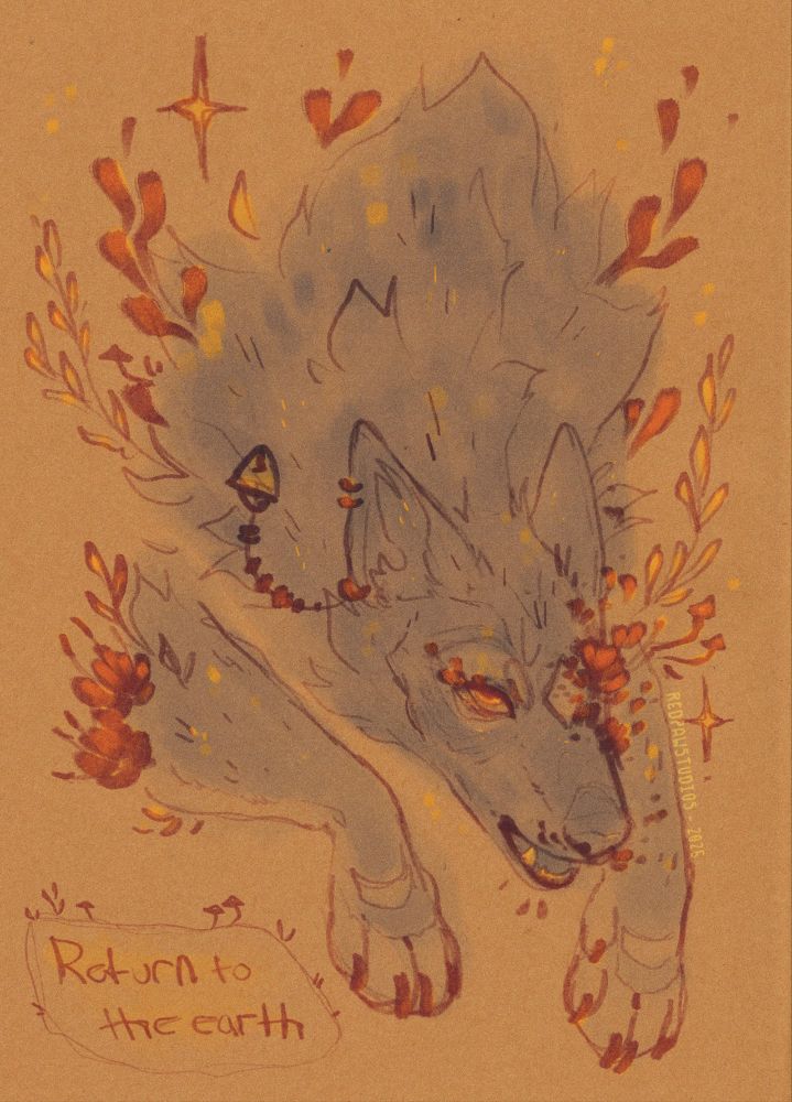 A sketch of a wolf with flowers and leaves sprouting from it. The bottom left corner reads “return to the earth”.
