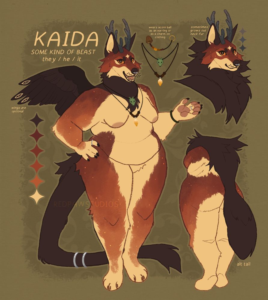 A simple ref sheet depicting some kind of beast that’s a hybrid of a wolf, fox, deer, dragon, and crow. This image is of their original color palette.