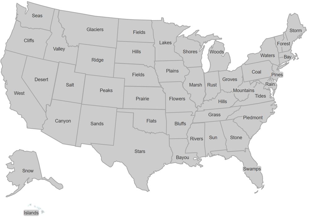 A map of all 50 US states with a Game of Thrones style "Bastard Name" assigned, such as Peaks for Colorado and Bayou for Louisiana.
