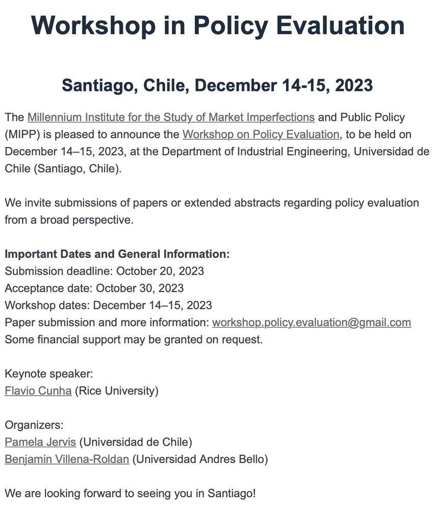 Workshop in Policy Evaluation in Santiago with Flavio Cunha as keynote speaker