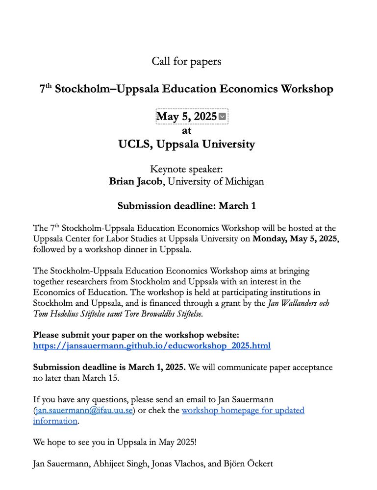 Call for papers 7th Stockholm Uppsala Education Economics Workshop