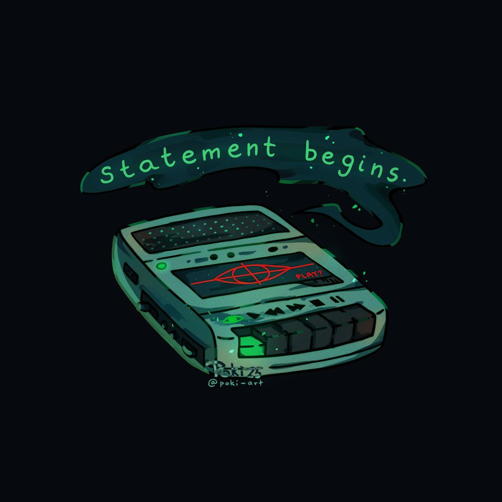 a fanart of the magnus archives podcast, featuring a traditional tape recorder in magnus archives colour style, with a text bubble above it, saying "statement begins".