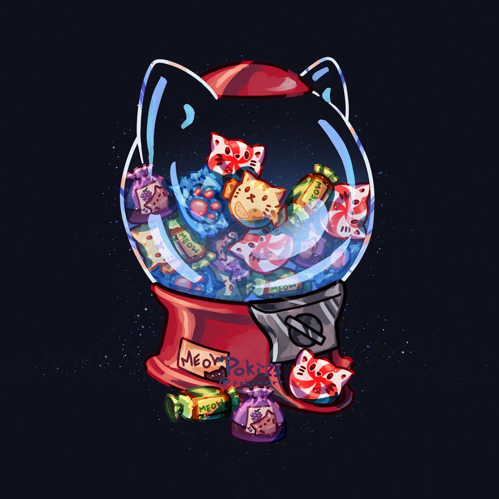 a drawing of a candy dispenser shaped like a cat head with cat-shaped candies of various colours and sizes inside