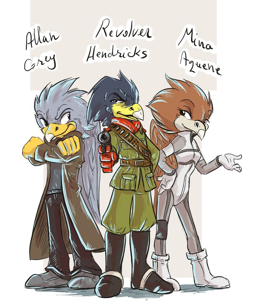Allan Grey, Hendriks, and Mina Aquene, dressed as Liquid Snake (Long brown trenchcoat), Revolver Ocelot (Revolver firearm, bandoliers and a belt), and The Boss (A white Survival sneaking suit) respectively.