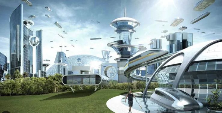 the "society if..." meme. an immaculately clean futuristic city with hovercars