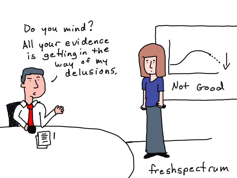cartoon: Researcher standing in front of data slides while a guy seated at a table with a necktie says "Do you mind? All your evidence is getting in the way of my delusions."