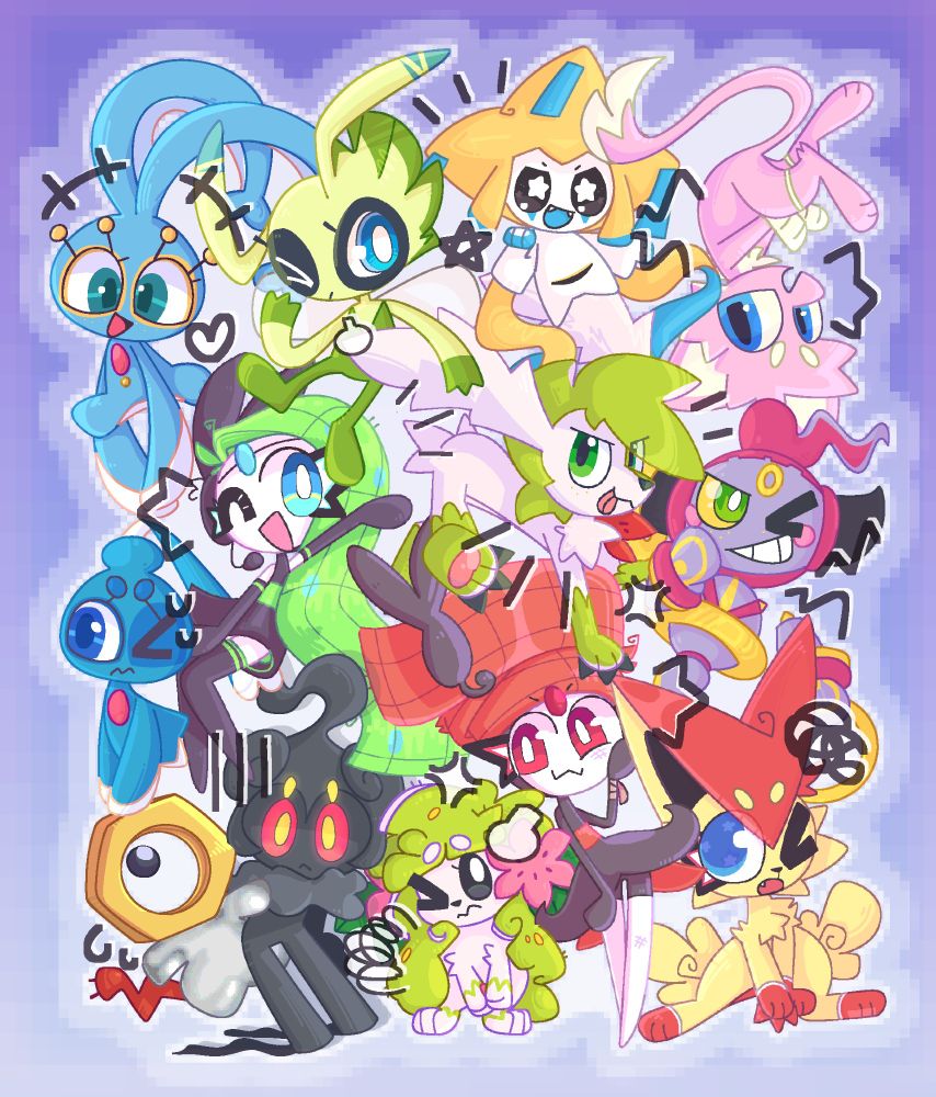drawing that features small mythical pokemon from left to right, top to bottom: manaphy, celebi, jirachi, mew, phione, meloetta (aria), shaymin (sky), hoopa, meltan, marshadow, shaymin (land), meloetta (pirouette), and victini