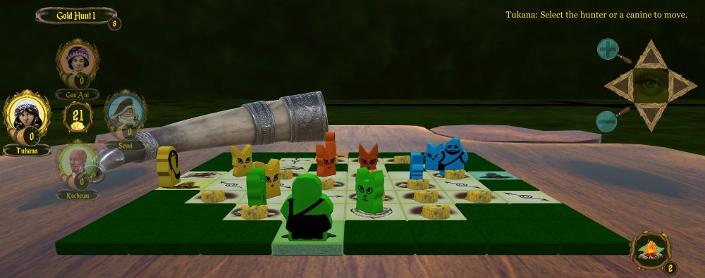 Hunters of Demaal board game. Side view of the tiled game field, with different colored meeples on the field and a hunting horn in the background.