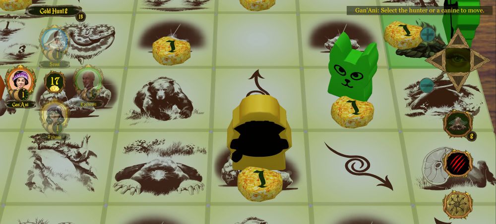 Hunters of Demaal board game with opened field tiles showing various forest animals and elven signs. With some hunter and canine meeples on top of the tiles from various teams around the game field.