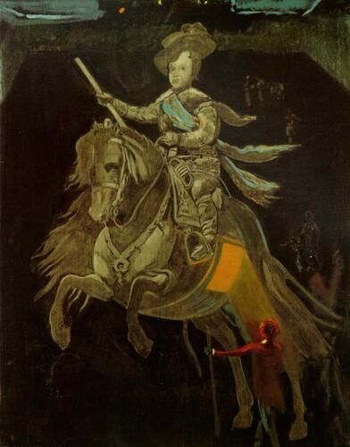 Untitled - Equestrian Figure of Prince Baltasar Carlos, after Velazquez, with Figures in the Courtyard of the Escorial