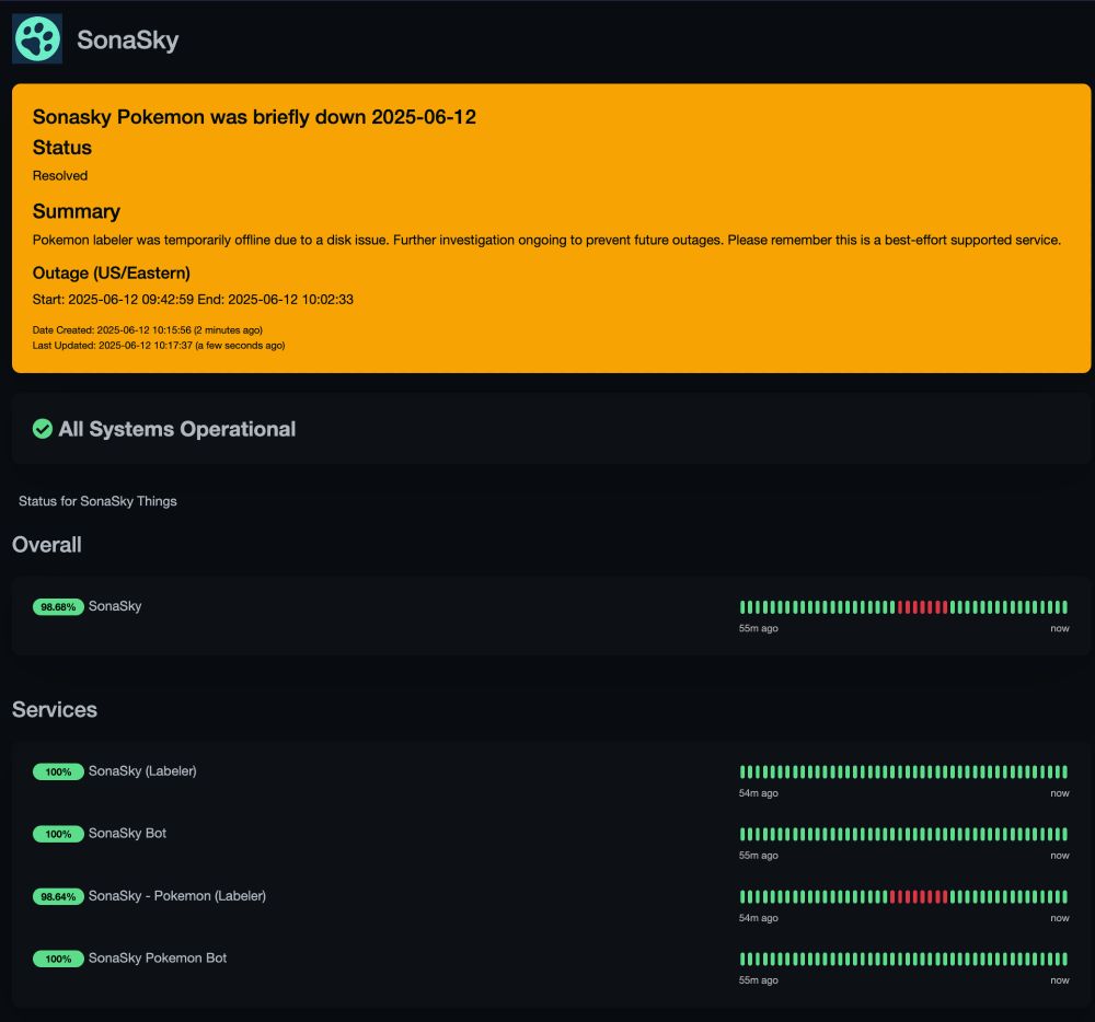 Sonasky Pokemon was briefly down 2025-06-12
Status

Resolved
Summary

Pokemon labeler was temporarily offline due to a disk issue. Further investigation ongoing to prevent future outages. Please remember this is a best-effort supported service. 
Outage (US/Eastern)

Start: 2025-06-12 09:42:59 End: 2025-06-12 10:02:33
Date Created: 2025-06-12 10:15:56 (2 minutes ago)
Last Updated: 2025-06-12 10:17:37 (a few seconds ago) 