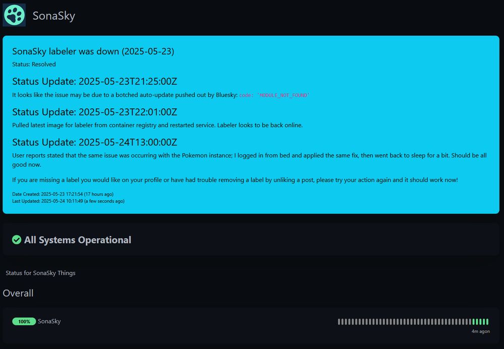 Status Update: 2025-05-24T13:00:00Z

User reports stated that the same issue was occurring with the Pokemon instance; I logged in from bed and applied the same fix, then went back to sleep for a bit. Should be all good now.

If you are missing a label you would like on your profile or have had trouble removing a label by unliking a post, please try your action again and it should work now!