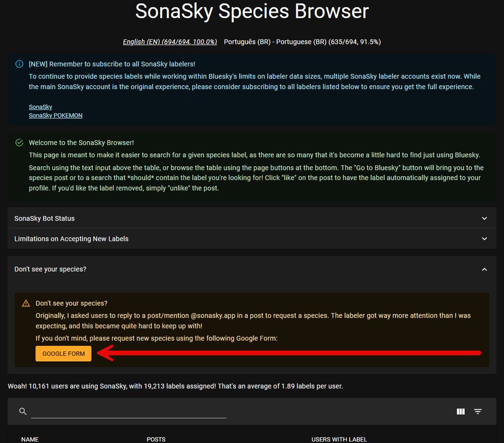 Screenshot of the SonaSky website showing the "Don't see your species" section with an arrow pointing to a Google Form that allows users to request a species. 