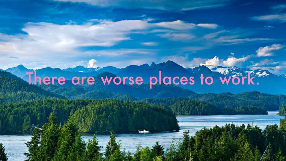 The mountains and ocean views of Tofino, BC, either the caption “There are worse places to work”.
