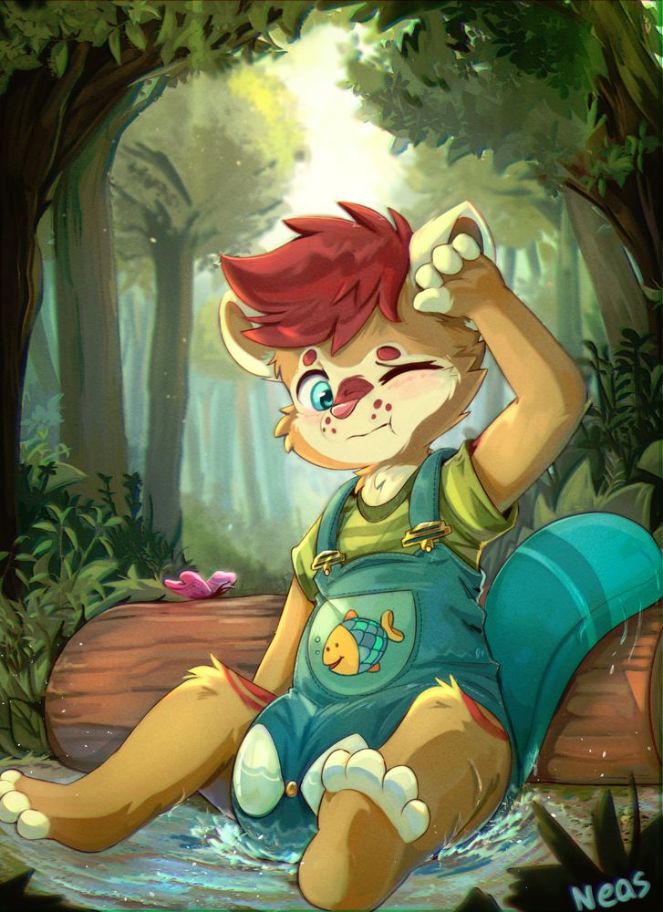 Digital, colored and shaded babyfur illustration. Kvikk is on an adventure in the forest but just happened to slip and fall down onto a puddle, butt first. Their diaper (which was probably wet already) is expanding thanks to the water, making their onesie shortalls stretch and partially expose the diaper. The background depicts a fresh and green forest with high trees and vegetation with a gentle glow in the middle. Right behind the beaver is a wooden log with a butterfly resting on it.