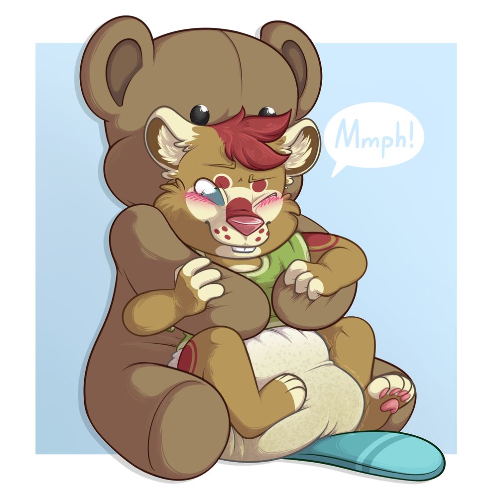 Digital, colored and shaded babyfur illustration. A big teddy bear plush is holding the beaver Kvikk firmly in place. The applied pressure from Mr. Bear causes the beaver to have a messy accident in their diaper.