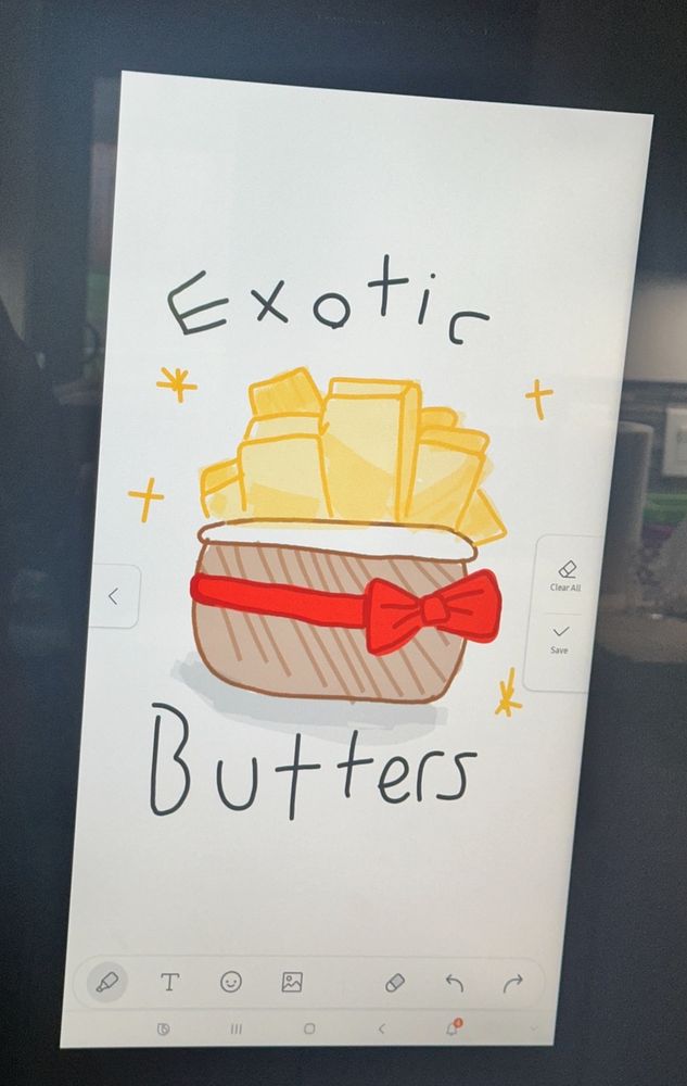 a poorly drawn picture of exotic butters from fnaf sister location, drawn on our new smart fridge