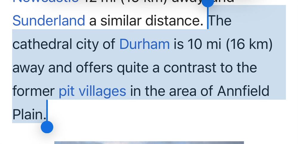 The cathedral city of Durham is 10 mi (16 km) away and offers quite a contrast to the former pit villages in the area of Annfield Plain
