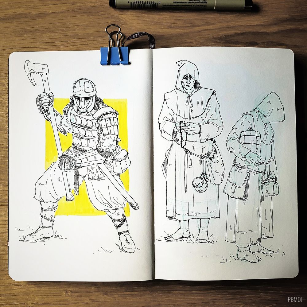 photo of a sketchbook page, showing ink drawings of medieval/fantasy characters