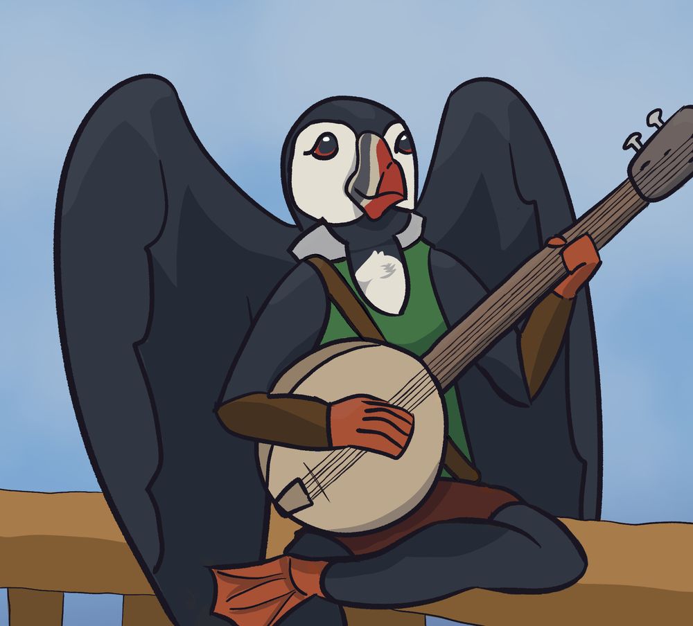 Skipper, a humanoid puffin with big black wings and a bright beak. He is wearing a green shirt and playing the banjo, sitting on the railing of a ship.