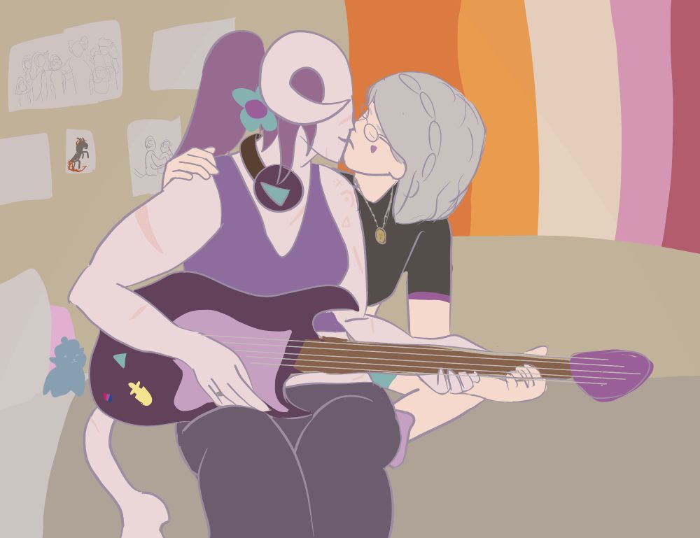 Dnd tiefling OC sketch, modern AU with her girlfriend, playing guitar