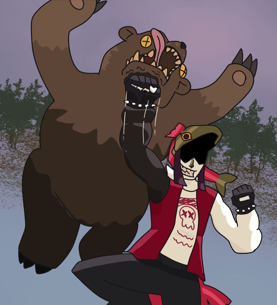 Sucre in the middle of a Shoryuken-like punch, hitting a bear in the face.
He is a guy with a Salmon hat that covers his eyes, and a cool grin. He is wearing a red jacket and a shirt with a skull motif underneath. He also has a fishtail. The bear is knocked out, even losing a tooth.