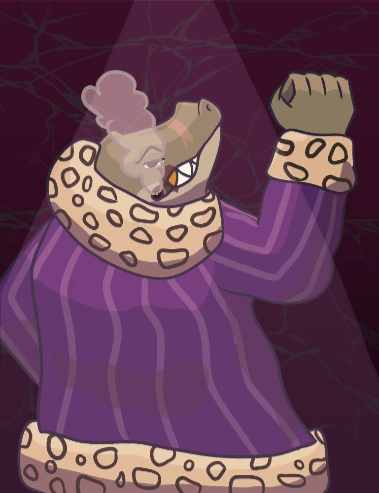 halfbody artwork of Croc, a humanoid crocodile. He is posing with his back to the camera, wearing a fancy purple coat. He has scars and is smoking a cigar.