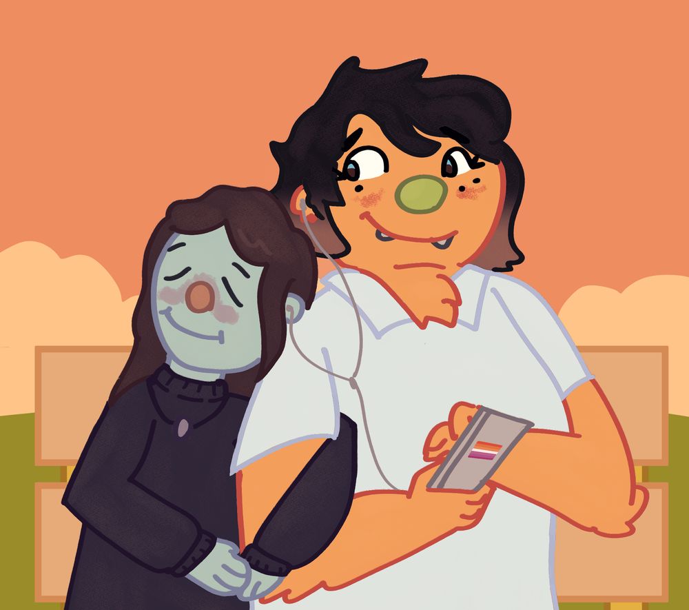Clara and Penny, two muppet-like girls. They are sitting together on a bench, with a sunset in the background. They are cuddling and listening to music on headphones together.