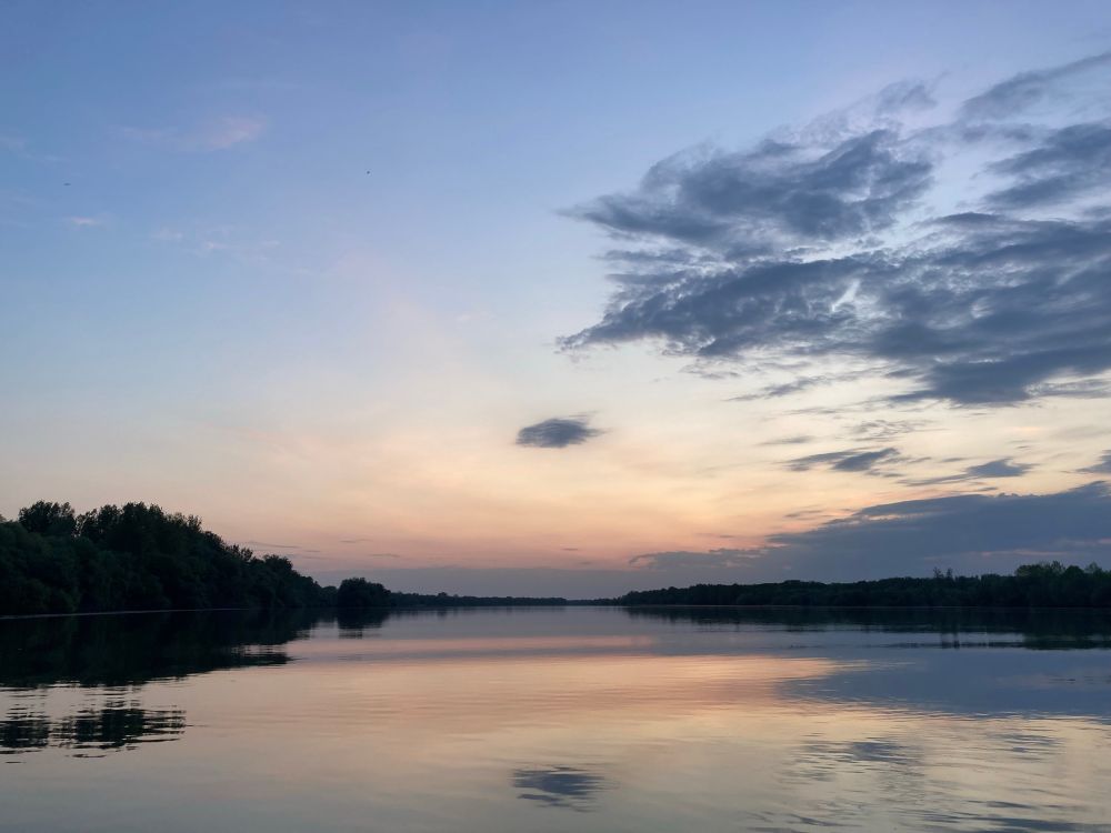 The St George’s Channel of the delta in the early morning. The sky is a pink pearly colour and reflected in the water 
