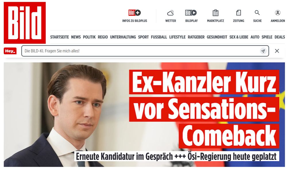 Screenshot der Bild-Webseite mit Bild von Sebastian Kurz und Headline "Ex-Kanzler Kurz vor Sensations-Comeback"