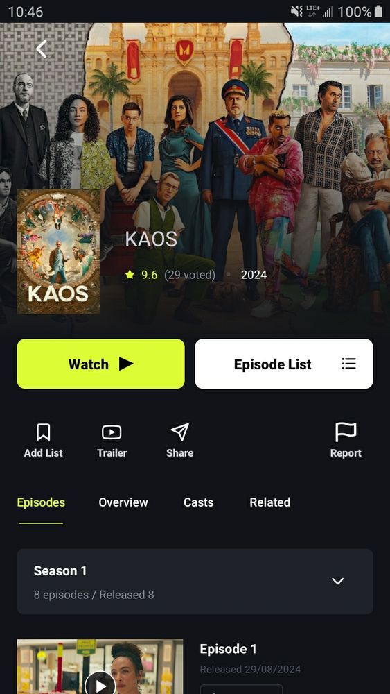 screenshot of the series KAOS as seen on the yaar site....