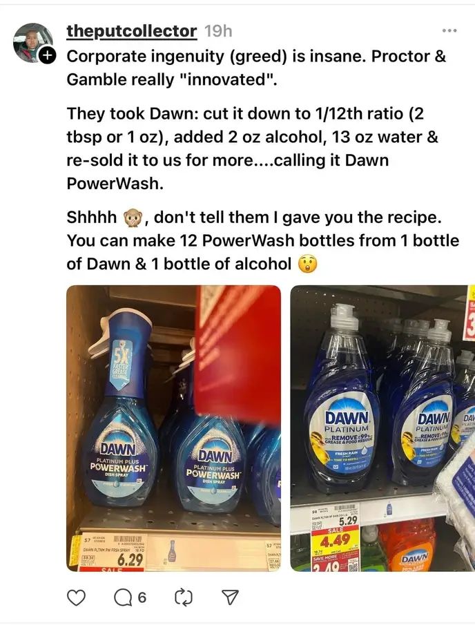 Screenshot of a post with instructions on how to make Powerwash style dish soap....