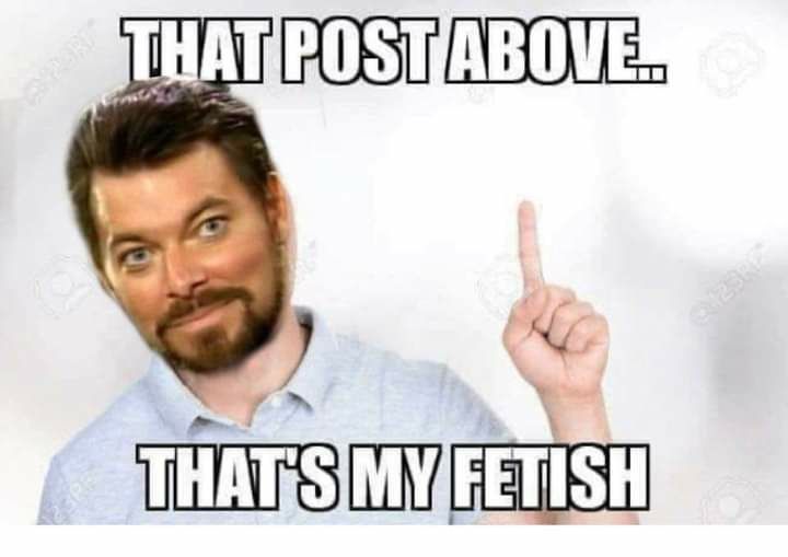 that post above?
that's my fetish. 
Riker's face superimposed on an average white man's torso with the hand up and pointer finger pointing upwards 