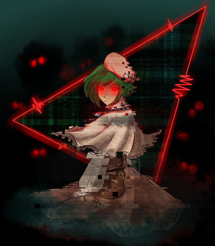Yuki Rurikawa from A3! drawn in a manner that implies he got possessed by the ghosts of the Kanaloa from the video game Oxenfree. Yuki has his back turned from the audience but his head turned towards the viewer. His eyes are glowing red and his body is glitching out. He is placed in the middle of Oxenfree's iconic red triangle while red glowing eyes on shadowy figures surround him.