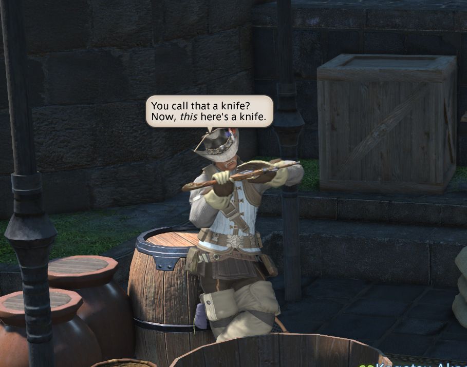 a highlander man in mor dhona leaning against a barrel all cool and saying "You call that a knife? Now, /this/ here's a knife." He's holding a fishing rod.