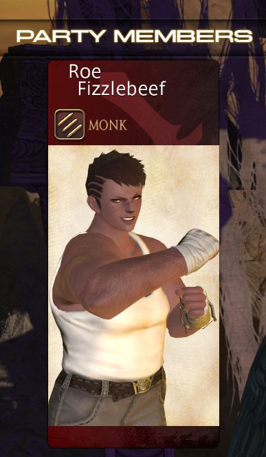my hellsguard oc roe fizzlebeef in her monk instant portrait using the /rally emote and looking huge