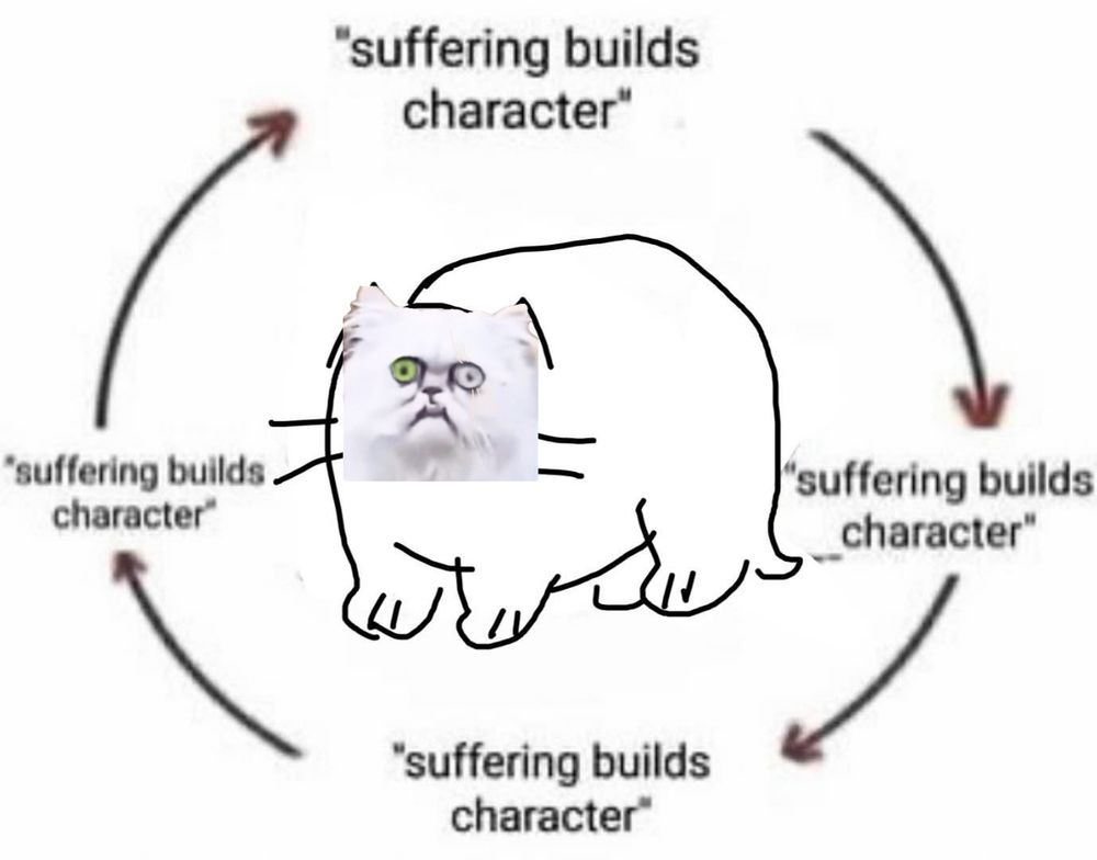 an ms paint edit of a sad looking cat with the face of the cat from the MA THERE’S A WEIRD FUCKIN CAT OUTSIDE video pasted over top. the cat’s eye colors are edited to look like fletcher barrett. she is surrounded by a circular flow chart that reads “suffering builds character” -> “suffering builds character” -> “suffering builds character” -> “suffering builds character” looping infinitely. 