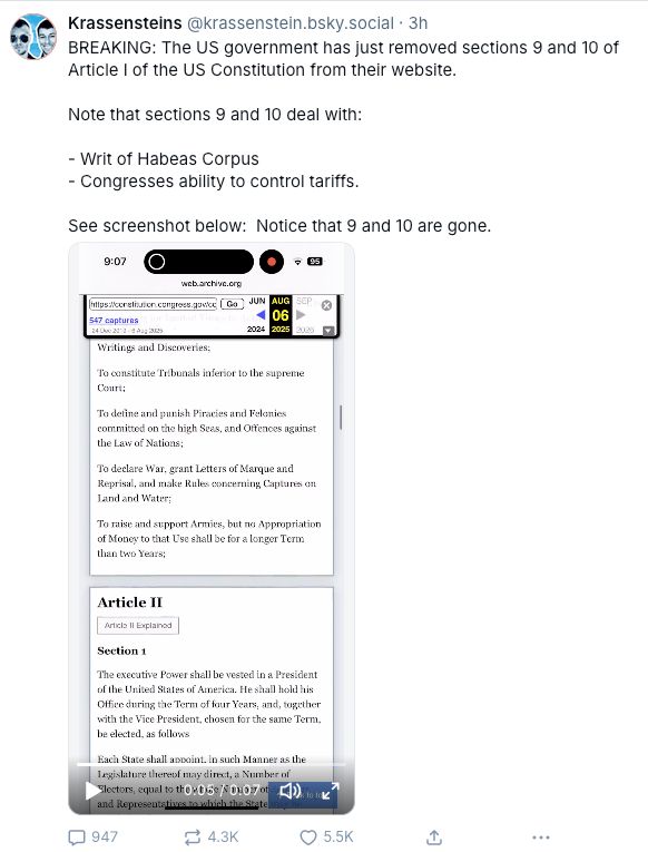 President Trump has deleted Sections 9 and 10 from Article 1 of the United States Constitution
