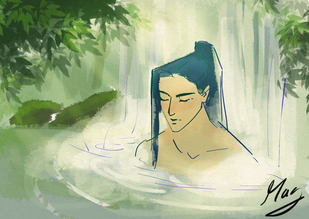 Liu Qingge meditating under a waterfall among greenery and sunlight