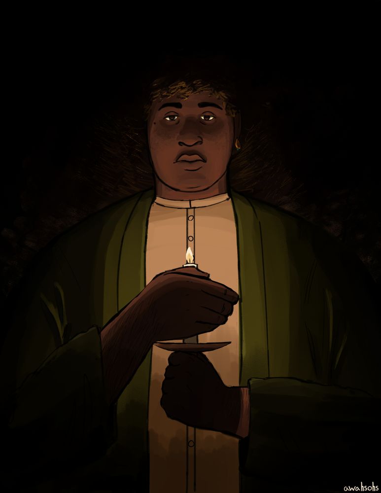 Illustration of pierce's OC Ryder, a fat dark skinned butch with long coiled hair, holding a candle in the darkness and staring at the viewer with a somber expression