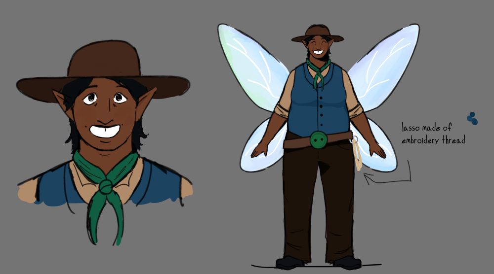 Reference sheet for my OC Adelita, a Mexican butch fairy with dark brown skin and shoulder length hair. She is wearing a wide hat, a blue vest, brown pants, and a green button as a belt buckle